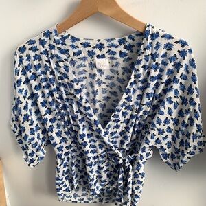 Chic Floral Wrap Blouse - Blue and White